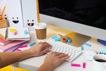Messy office workplace, workplace and workspace concept