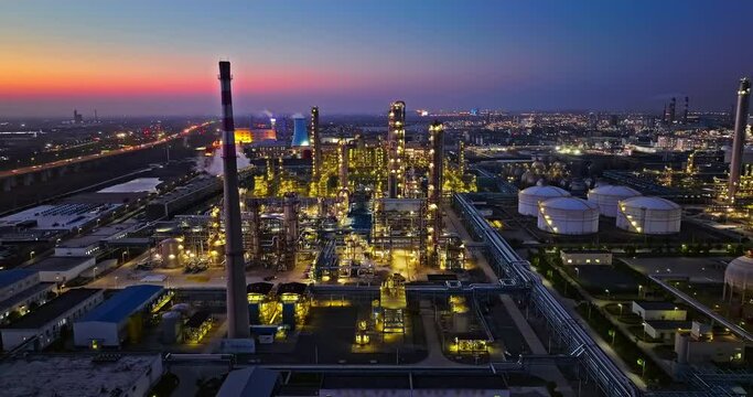 Aerial view of industrial area buildings scenery at night