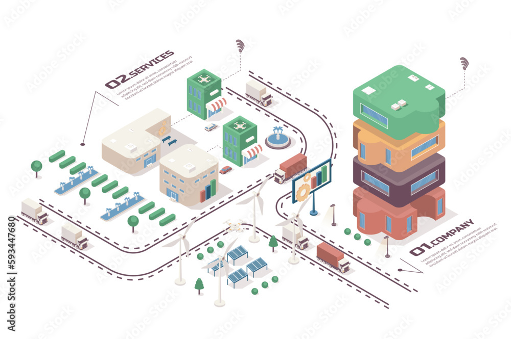 Poster development company concept 3d isometric web infographic workflow process. infrastructure map with o