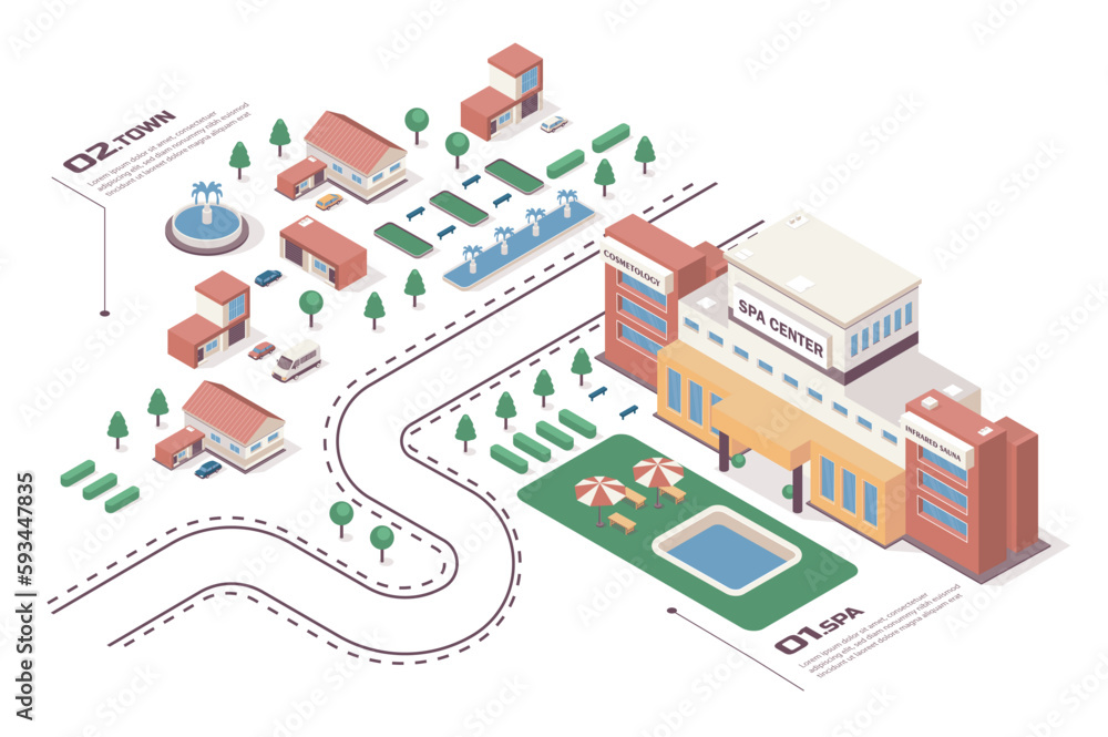 Aufkleber spa center concept 3d isometric web infographic workflow process. infrastructure map with buildings 
