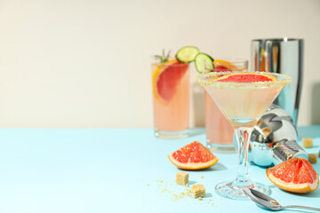 Grapefruit cocktail, alcohol or non alcoholic drink for party, space for text