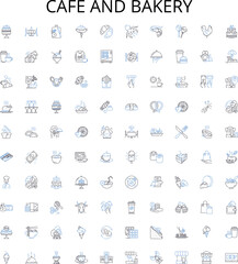 Cafe and bakery outline icons collection. Cafe, Bakery, Coffee, Tea, Cake, Dessert, Pastry vector illustration set. Muffin, Croissant, Cookies linear signs