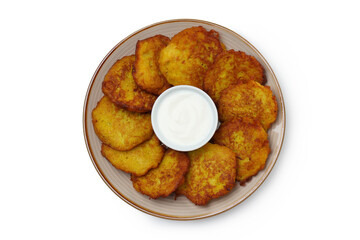 Tasty potato pancakes isolated on white background