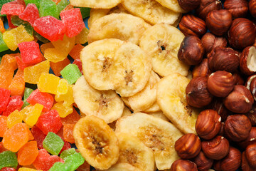 Tasty food concept - delicious dried fruits, tasty dried food