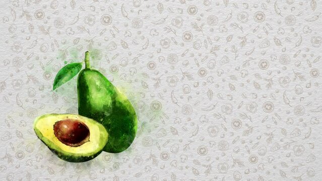 Watercolor Fruits and Vegetables. Avocado. Text and Price can be Written on the Right Side or Top Side of the Image. Nutritional Values can be Written. Or Logo can be Put.  06. 