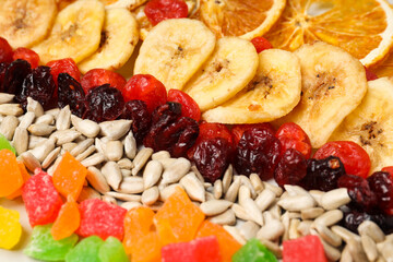 Tasty food concept - delicious dried fruits, tasty dried food