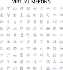 Virtual meeting outline icons collection. Online, Conferencing, Videoconferencing, Webinar, Teleconferencing, Zoom, Hangout vector illustration set. Collaboration, Gatherings, Webcasting linear signs