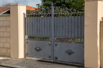 grey steel classic old brut vintage portal style metal driveway entrance gate retro