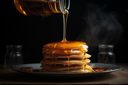Pouring honey. Stack of pancakes sith syrup dripping copy space. Generative AI