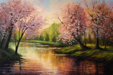 Fototapeta na wymiar Springtime Bliss: A Magnificent Painting of Pink Blossoming Trees Along a River in Full Color Splendor