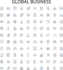 Global business outline icons collection. International, Commerce, Management, Economy, Intercontinental, Investment, Transnational vector illustration set. Trade, Strategies, Cross-border linear