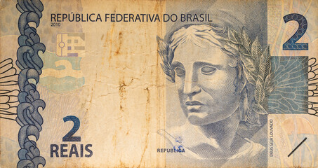 old color banknote from Brazil of 2 reais