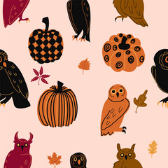 Cute Halloween owls and pumpkin seamless pattern. Funny holiday kids design for clothes, nursery decor, paper, cover, fabrics and Halloween party decoration