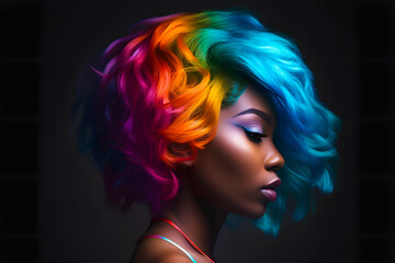 Portrait of young black african american beautiful girl woman with long length fluffy flowing hair. Model with perfect Healthy Dyed Hair. Rainbow Hairstyles. Generative AI.