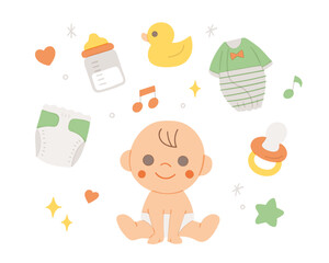 かわいい赤ちゃん・ベビーグッズの手描きベクターイラスト／パステルカラー