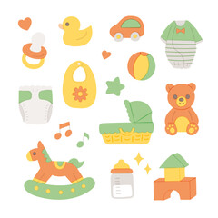 かわいいベビーグッズの手描きベクターイラスト／パステルカラー