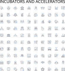 Incubators and Accelerators outline icons collection. Incubators, Accelerators, Startups, Innovation, Mentoring, Investment, Funding vector illustration set. Networking, Support, Business linear signs