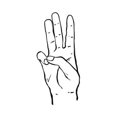 Hand with three fingers up.  The hand shows three fingers raised up. 3 fingers
