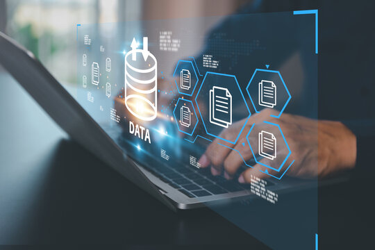 Cloud computing data management technology system for computer network cyber security or database file document transfer and sharing, big data for finance data analytics to growth concepts.