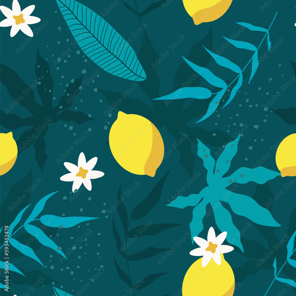 Wall mural vector seamless pattern with lemons and palm leaves. tropical pattern in a flat style. summer backgr