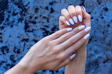 The hands of a young woman with a French manicure in white and blue on a blurred blue velvet...