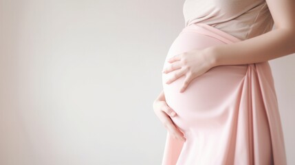 Close Up of a pregnant belly against pastel pink background. Generative AI.