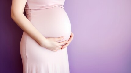 Close Up of a pregnant belly against pastel purple background. Generative AI.