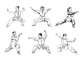 Set of people involved in sports isolated on white background. Wushu, kung fu, taekwondo, karate. Drawn sketch draft. Vector illustration