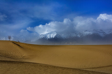 Fototapeta na wymiar desert in the snow mountains, cold desert and snow peaks, landscape of dune desert and snow caped mountains 