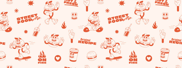 Burger retro cartoon fast food seamless pattern. Comic character, slogan, quotes and other elements for burger bar, cafe, restaurant. Groovy funky trendy vector illustration and background.