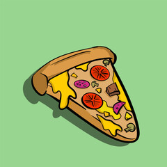 Pizza slice with melted cheese and pepperoni. Cartoon sticker in comic style with contour