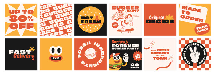 Burger retro cartoon fast food posters and cards. Comic character slogan quote and other elements for burger bar restaurant. Social media templates stories posts. Groovy funky vector illustration. - obrazy, fototapety, plakaty