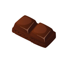 Concept Cocoa chocolate dessert. The illustration is a flat vector design of a piece of dark chocolate on a white background. The chocolate is presented as a cartoon concept. Vector illustration.