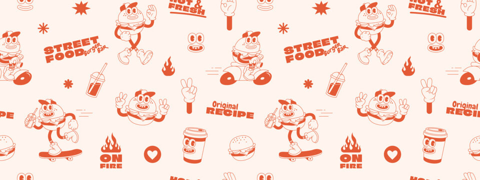 Burger Retro Cartoon Fast Food Seamless Pattern. Comic Character, Slogan, Quotes And Other Elements For Burger Bar, Cafe, Restaurant. Groovy Funky Trendy Vector Illustration And Background.