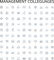 Management colleguages outline icons collection. Management, Colleges, Education, Institutions, Learning, Degrees, Programmes vector illustration set. Courses, Majors, Skills linear signs
