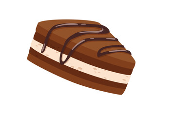 Concept Cocoa chocolate dessert cake. This illustration is a flat vector design depicting a delicious chocolate cake on a white background. Vector illustration.