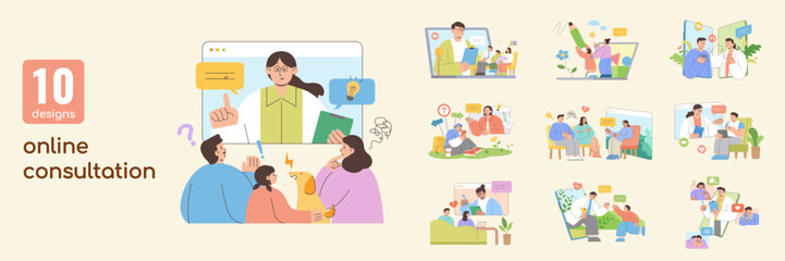 Online consultation flat design set