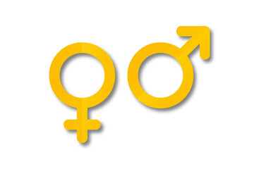 Yellow paper cut male and female symbols isolated on transparent background.