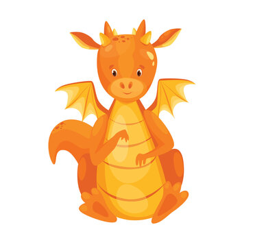 Concept Dragon little. The illustration features a cute orange dragon, rendered in a flat, vector style with a cartoon-like appearance. Vector illustration.