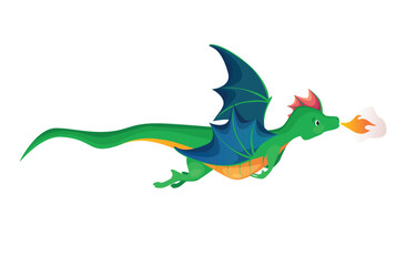 Concept Dragon flying. The illustration is a flat, vector, cartoon-style design of a cute dragon flying. The dragon is shown in mid-flight. Vector illustration.