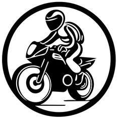 Mascot logo of racing motorbike in black and white, silhouette illustration of a bike rider 