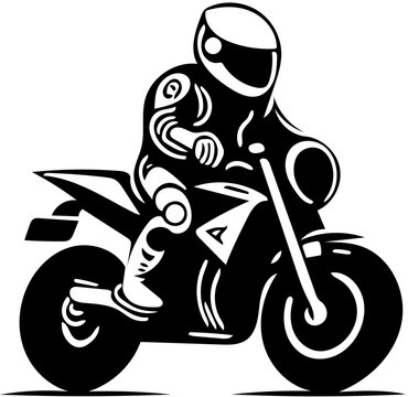 Mascot logo of racing motorbike in black and white, silhouette illustration of a bike rider 