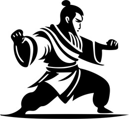 Mascot logo of a kung fu fighter in black and white, silhouette illustration of a martial artist 