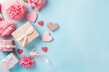 Celebrate Mom: This stunning flat lay photo features gift boxes with pink ribbons, carnation flowers, and pink paper hearts arranged on a pastel blue background. A great image for your Mother's Day 