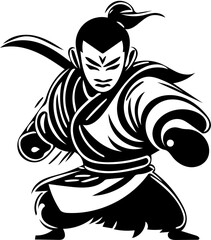 Mascot logo of a kung fu fighter in black and white, silhouette illustration of a martial artist 