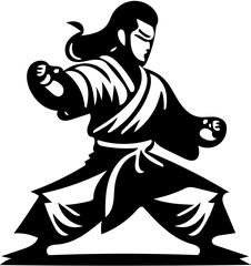 Mascot logo of a kung fu fighter in black and white, silhouette illustration of a martial artist 