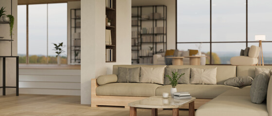 Modern contemporary spacious living room interior design with comfortable couch © bongkarn