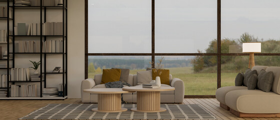 Beautiful spacious living room interior design with comfortable couch against a large window
