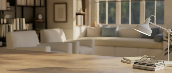 Empty mockup space on a wooden table in modern contemporary living room.