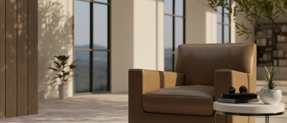 Modern brown leather armchair with side table in modern contemporary living room.